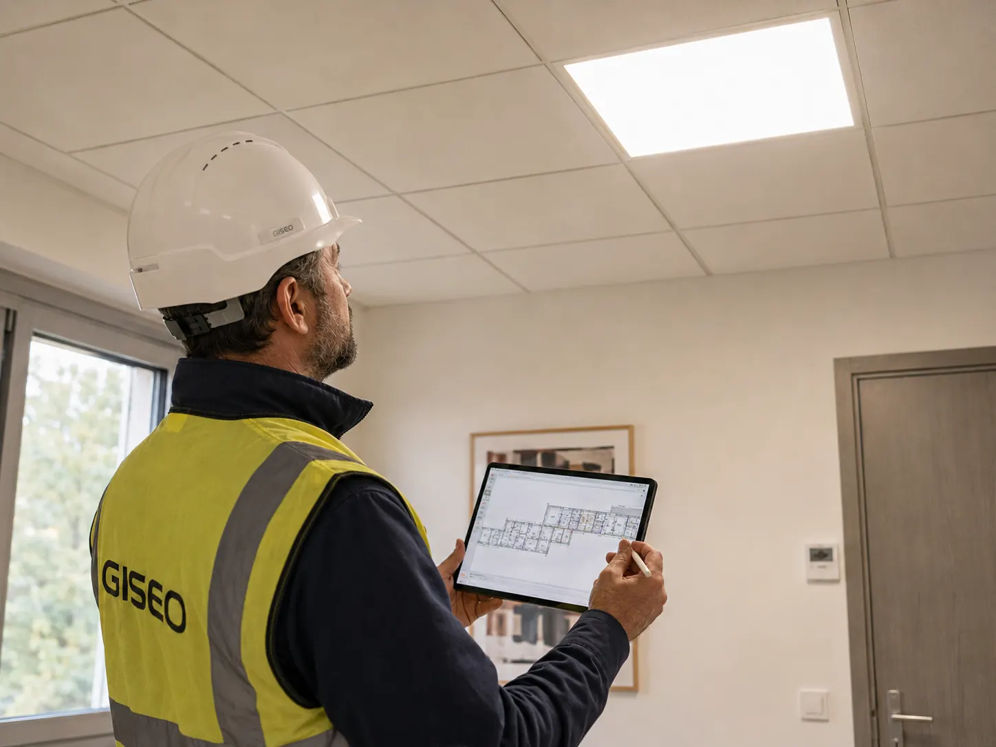 Un opérateur en gilet GISEO, tablette et stylet en main, lève les yeux vers un faux plafond à dalles et luminaire encastré.